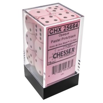 Set 12 Zaruri Chessex Opaque Pastel 16mm d6 Dice Block - Roz/Negru