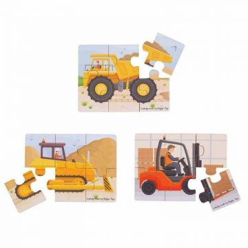 BigJigs - Set 3 puzzle din lemn Vehicule pentru constructii