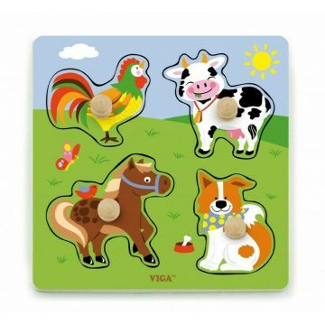 Viga - Puzzle din lemn Animale de la ferma , Puzzle Copii , Cu manere, piese 4