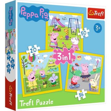 Trefl - Puzzle personaje Peppa pig O zi aniversara , Puzzle Copii , 3 in 1, piese 106, Multicolor