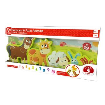 Hape - Puzzle din lemn Numere si animale de la ferma , Puzzle Copii, piese 10