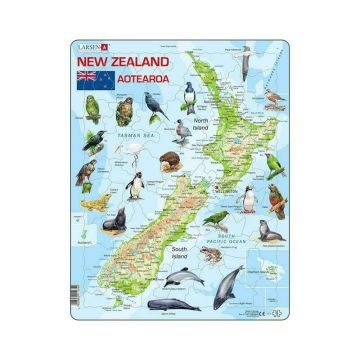 Larsen - Puzzle maxi Noua Zeelanda cu animale (limba engleza), orientare tip portret, 71 de piese,