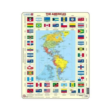 Puzzle maxi America de Nord si America de Sud cu steaguri (limba engleza), orientare tip vedere, 70 de piese, Larsen