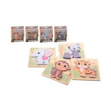 Joueco - Set 4 puzzle-uri din lemn certificat FSC, Familia Wildies, Elefant, maimuta, panda si tigru, 15x18.5 cm, 12 luni+,4 piese/puzzle, Multicolor