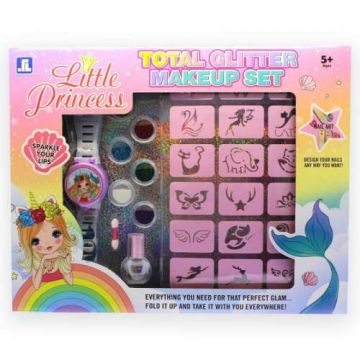 Set tatuaj cu sclipici si ceas cu fard de pleoape pentru copii, 6 culori
