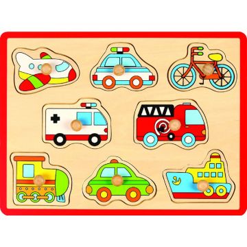 Joueco - Puzzle din lemn certificat FSC, 30 x 27 cm, 18 luni+, 8 piese, Mijloace de transport