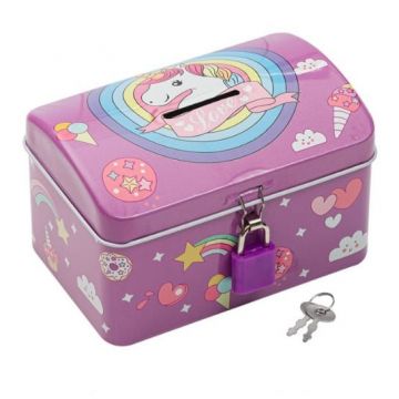 Pusculita din metal cu lacat si cheita, Forma Patrata,Unicorn 12x8x7 cm, Multicolor