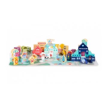 Set educational cu blocuri din lemn si covoras, 121 piese, City Ecotoys MA802