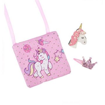 Set geanta cu imprimeu Unicorn cu 2 clame de par incluse