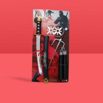 Set ninja pentru copii format din sabie, nunceag, stelute ninja si cutit, 53 cm
