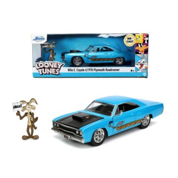 Looney Tunes Set Masinuta Metalica 1970 Plymouth 1:24 si Figurina Wile E. Coyote