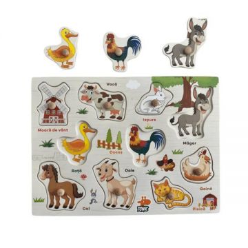 Puzzle Incastru din lemn cu Animale Domestice in limba romana, 7Toys