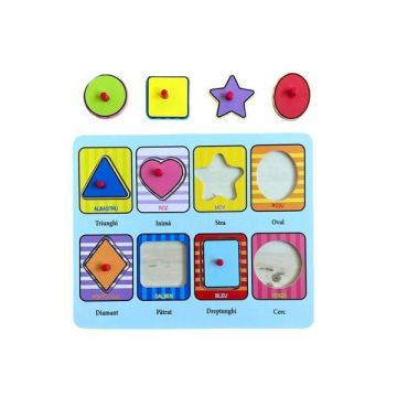 Puzzle incastru din lemn in limba romana, cu 8 piese – Forme geometrice, 7Toys