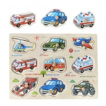 Puzzle incastru din lemn, Lb. Romana -Vehicule, 7Toys