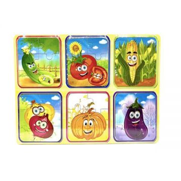 Set din lemn cu 6 puzzle incorporate - Legume, 7Toys