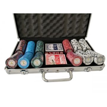 Set poker cu 300 chips-uri clay 14g model MONTECARLO si servieta din aluminiu