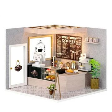 Joc interactiv, macheta casa de asamblat, dollhouse miniatura, Mini cafenea, Diy