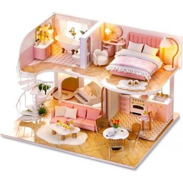 Joc interactiv, macheta casa de asamblat, dollhouse miniatura, Pink Loft, Diy