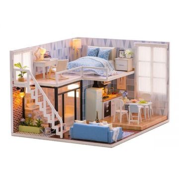 Joc interactiv, macheta casa de asamblat, dollhouse miniatura, Sky Loft, DIY