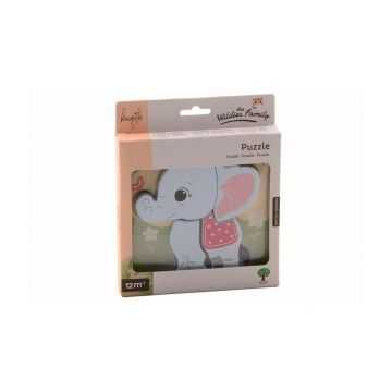 Joueco - Puzzle din lemn certificat FSC, Familia Wildies, Elefant, 15x18.5 cm, 12 luni+,4 piese, Multicolor