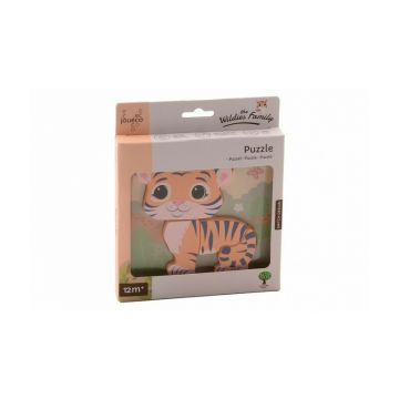 Joueco - Puzzle din lemn certificat FSC, Familia Wildies, Tigru, 15x18.5 cm, 12 luni+,4 piese, Multicolor