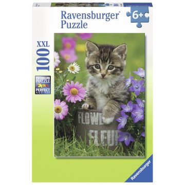 Puzzle, Ravensburger, Pisicuta intre flori, 100 piese, Multicolor