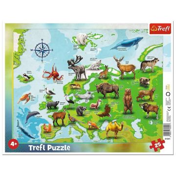 Trefl - Puzzle tip rama Harta Europei cu animale , Puzzle Copii , Plansa, piese 25