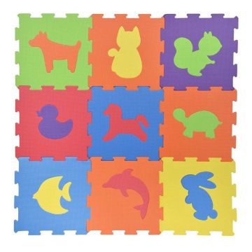 Covor de joaca tip puzzle,animale,spuma,multicolor,9 piese