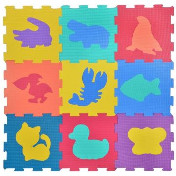 Covor de joaca tip puzzle cu animalute si insecte,spuma,multicolor,9 piese
