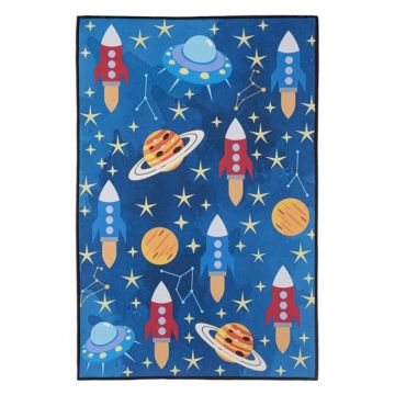 Covor dreptunghiular pentru copii model spatiu cosmic,albastru,60x90 cm