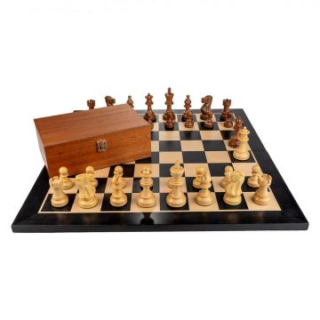 Piese de sah din lemn American Classic cu Tabla sah lemn pliabila - inlaid negru artar, 54x54 cm, patrat 58mm FN