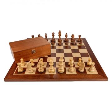 Piese de sah din lemn Staunton 6 - cu Nebun Francez+ Tabla de sah - lemn mahon 55 x 55 mm