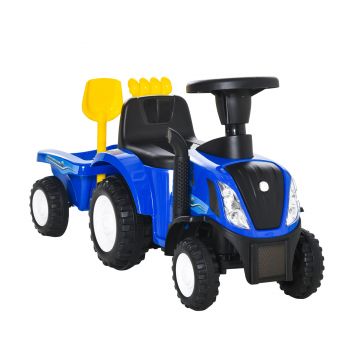 Tractor pentru Copii cu Remorca, Grebla si Lopata, 12-36 Luni, 91x29x44cm, Albastru inchis HOMCOM | Aosom RO