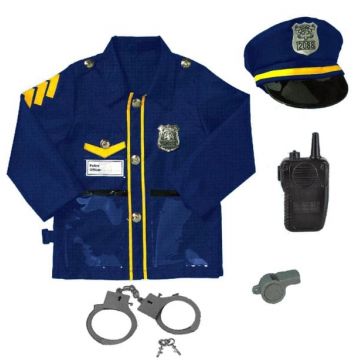 Costum politist cu jacheta, palarie, catuse, fluiere si statie din plastic, 3-6 ani