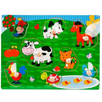 Puzzle din lemn, Woody, Animale domestice cu maner, 8 piese