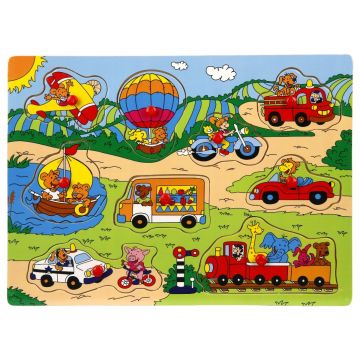 Puzzle din lemn, Woody, Gasiti si conectati animalele si vehiculele, 7, 8 piese