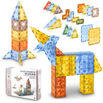 Set de construit, Blocuri magnetice, Ricokids, Set XL 78 piese, Pentru dezvoltarea abilitatilor motorii fine, Multicolor