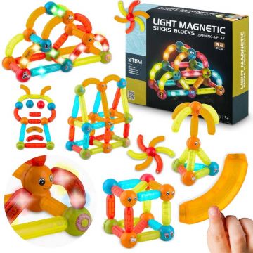 Set de construit, Piese Magnetice cu Lumini, Ricokids, 52 piese, Pentru dezvoltarea abilitatilor motorii fine, Multicolor