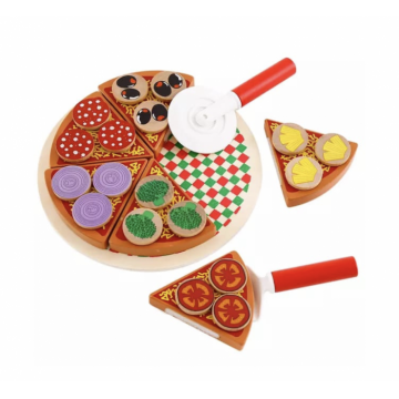 Jucarie Montessori Pizza de feliat, cu 27 accesorii, din lemn