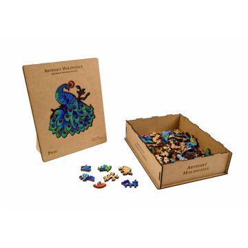 Puzzle lemn 2 in 1 Paun, 132 piese, in cutie de lemn