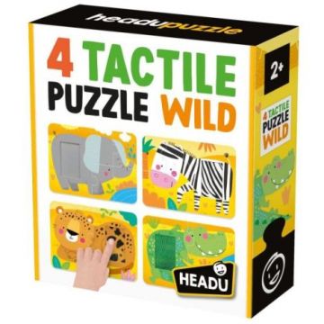 Headu - 4 Puzzleuri tactile animale din salbaticie cu piese mari pentru copiii de peste 2 ani