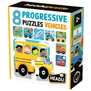 Headu - 8 Puzzleuri progresive Vehicule cu piese mari pentru copiii de peste 2 ani