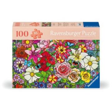 Ravensburger - Puzzle pentru varstnici fereastra flori cu sablon de imagine si suport din carton 100 piese mari XL
