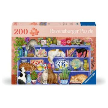 Ravensburger - Puzzle pentru varstnici pisicute pe raft cu sablon de imagine si suport din carton 200 piese mari XL