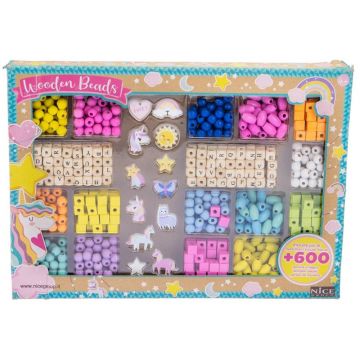 Kit creativ mega DIY, Coliere si bratari cu margele din lemn, Nice, 600 piese +