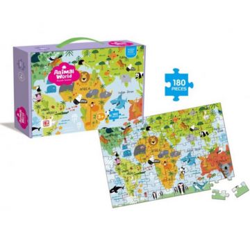 Puzzle clasic, 180 piese, Harta lumii si animalele