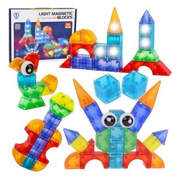 Set blocuri de constructie magnetic, Iluminate, 64 piese