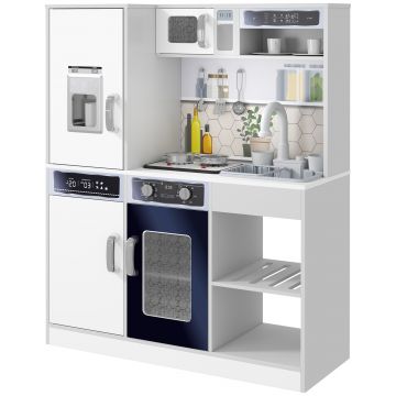 AIYAPLAY Set de Bucătărie de Jucărie din Lemn cu Aragaz cu Lumini și Sunete, Chiuvetă cu Circulație a Apei și Accesorii, Alb | Aosom Romania