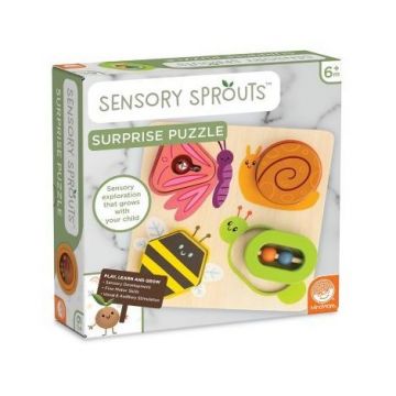 Jucarie senzoriala din lemn, de tip puzzle, pentru bebelusi, Sensory Sprouts Surprise Puzzle