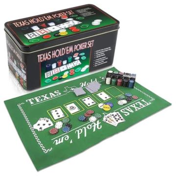 Set Poker Texas Holdem 200 jetoane, 2 pachete carti, covoras, cutie metal